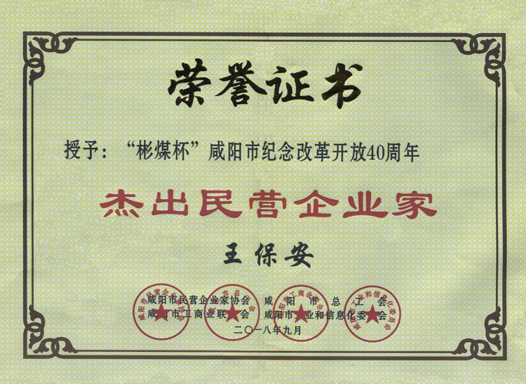 咸阳市纪念改革开放40周年杰出民营企业家