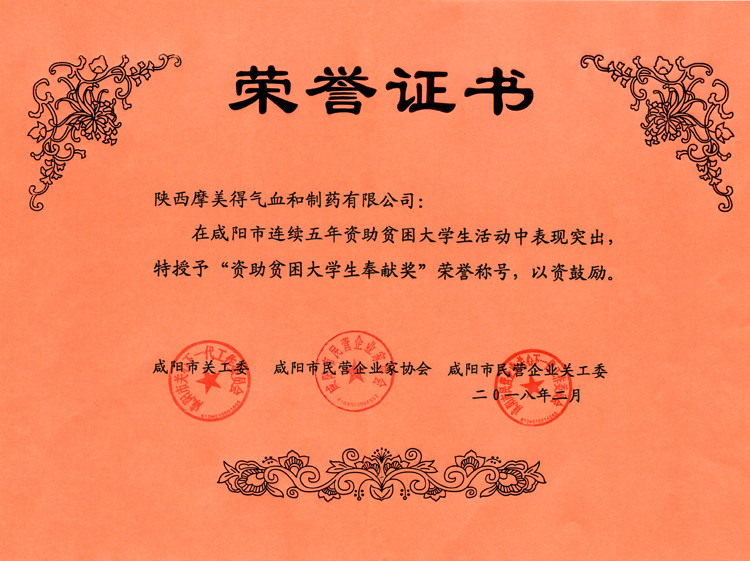 咸阳市民营企业家协会评为“资助贫困大学生奉献奖”